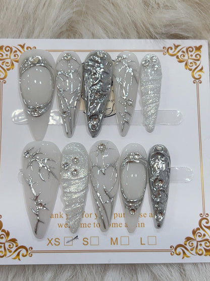 Silver Chrome Crystal handmade press-on nails - image 1