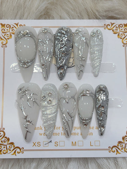 Silver Chrome Crystal handmade press-on nails - image 2