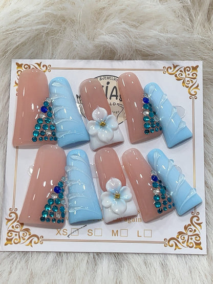Sky Blue Crystal Bow handmade press-on nails - image 1