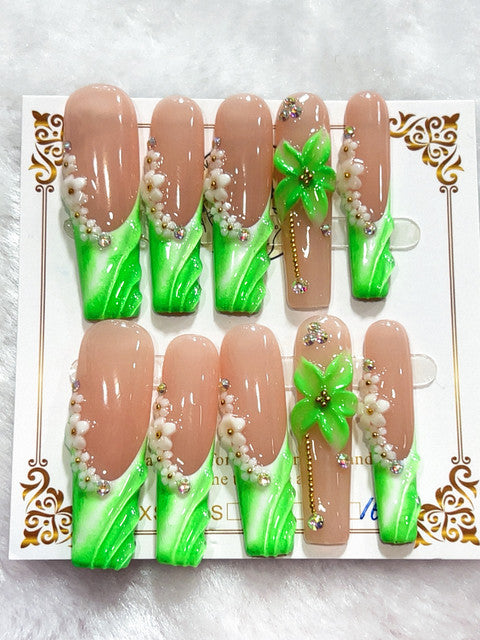 Emerald Floral French handmade press-on nails - image 1