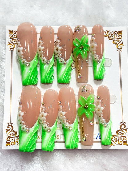 Emerald Floral French handmade press-on nails - image 1