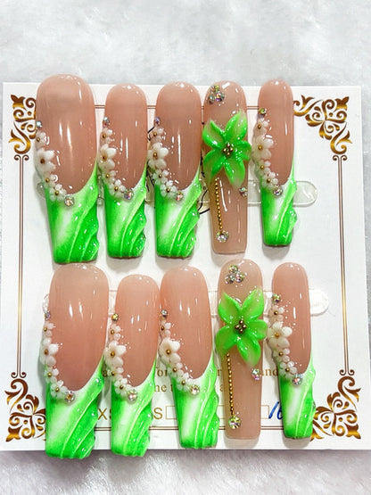 Emerald Floral French handmade press-on nails - image 2
