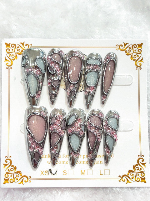 Silver Pink Jewel handmade press-on nails - image 1