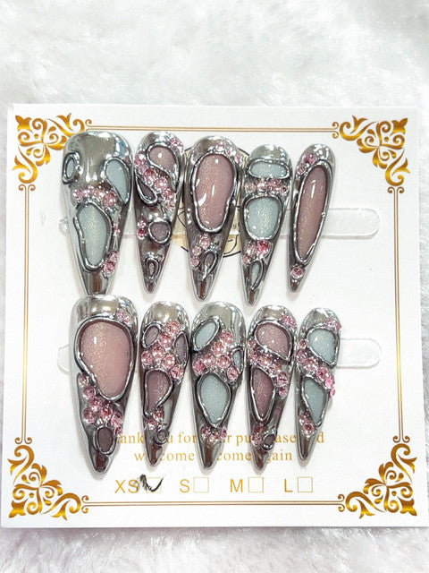 Silver Pink Jewel handmade press-on nails - image 2