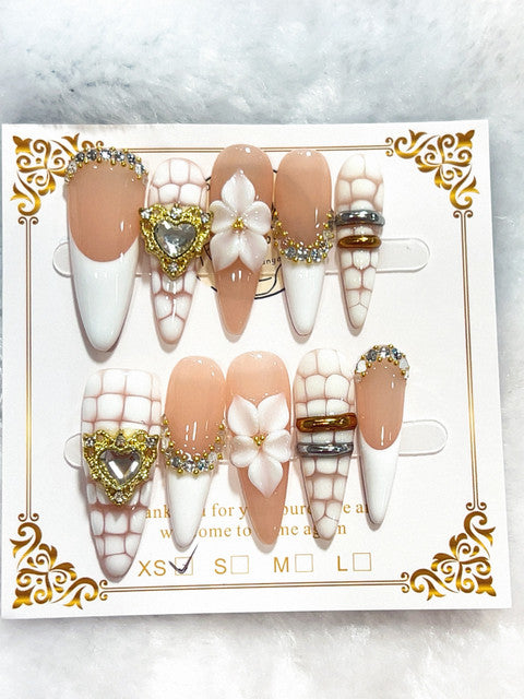 White Floral Gold handmade press-on nails - image 1