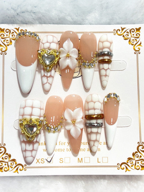 White Floral Gold handmade press-on nails - image 2