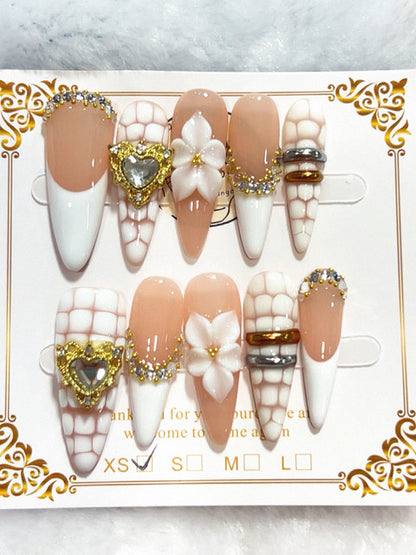 White Floral Gold handmade press-on nails - image 2