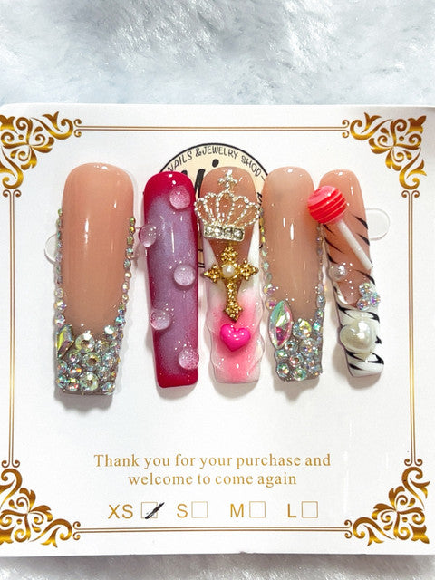 Pink Royal Crystal handmade press-on nails - image 1