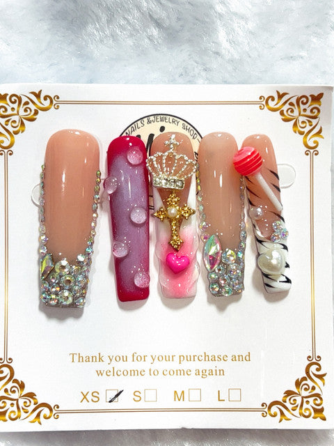Pink Royal Crystal handmade press-on nails - image 2