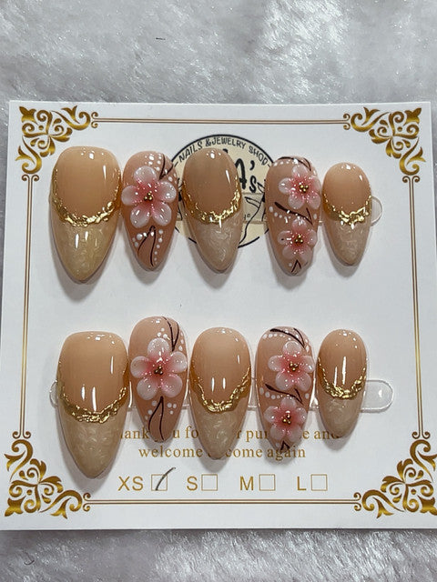 Pink Floral Gold handmade press-on nails - image 1