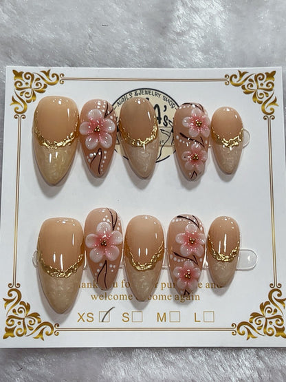 Pink Floral Gold handmade press-on nails - image 1