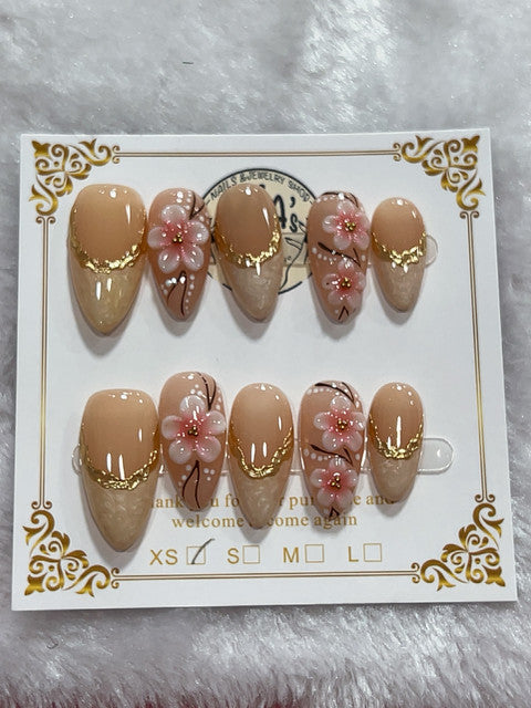 Pink Floral Gold handmade press-on nails - image 2