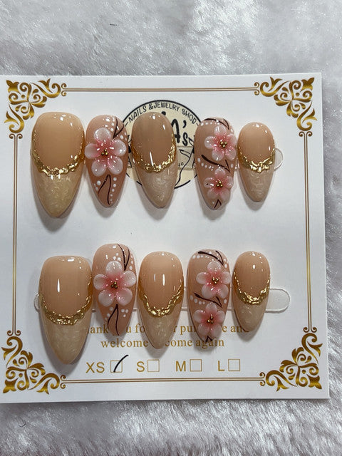Pink Floral Gold handmade press-on nails - image 3