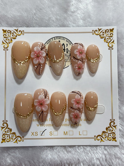 Pink Floral Gold handmade press-on nails - image 3