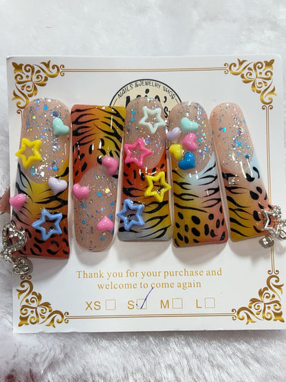 Neon Tiger Stars handmade press-on nails - image 1