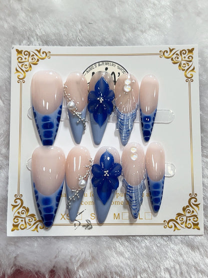 Blue Winter Crystal handmade press-on nails - image 1