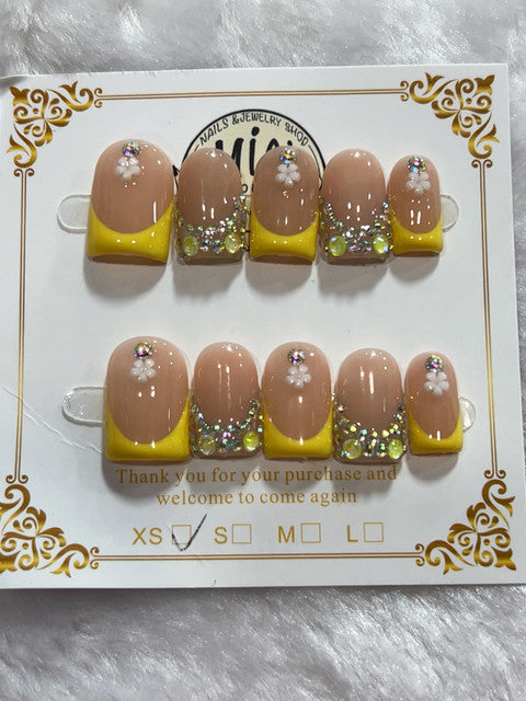 Yellow Crystal French handmade press-on nails - image 1