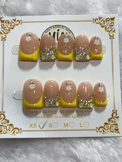 Yellow Crystal French handmade press-on nails - image 2