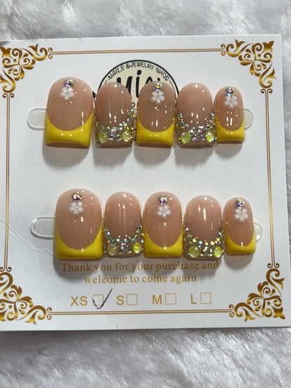 Yellow Crystal French handmade press-on nails - image 2