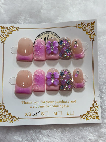 Purple Floral Crystal handmade press-on nails - image 2