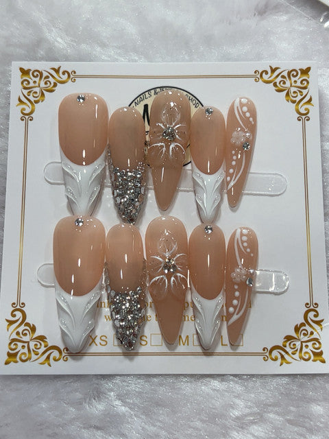 Champagne Bow Crystal handmade press-on nails - image 1