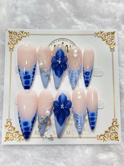Royal Blue Flower handmade press-on nails - image 1