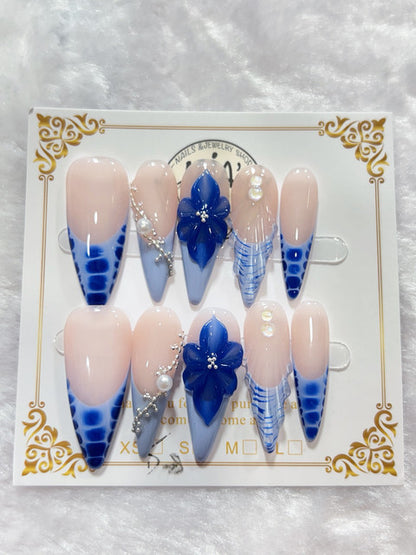 Royal Blue Flower handmade press-on nails - image 2